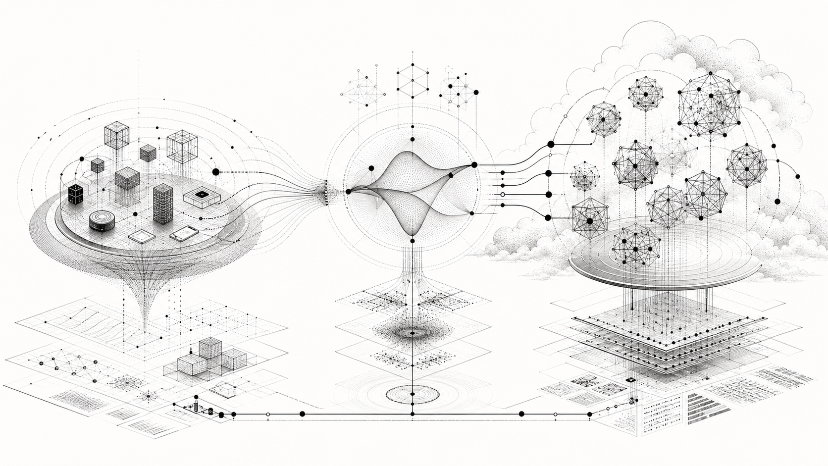 Abstract monochrome model routing map connecting edge model clusters and cloud model systems.
